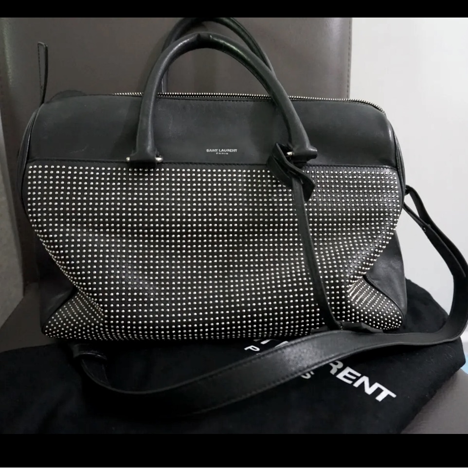 Saint Laurent Black Studded Duffel 6 Shoulder Bag Purse Silver